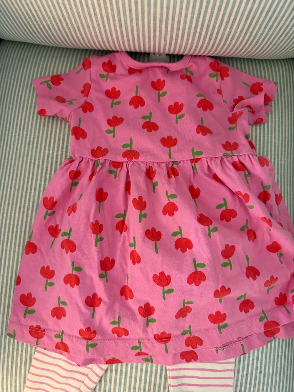 Hanna Andersson Pink Red Green Tulip Skater Dress with Striped Leggings 24M - Picture 3 of 5